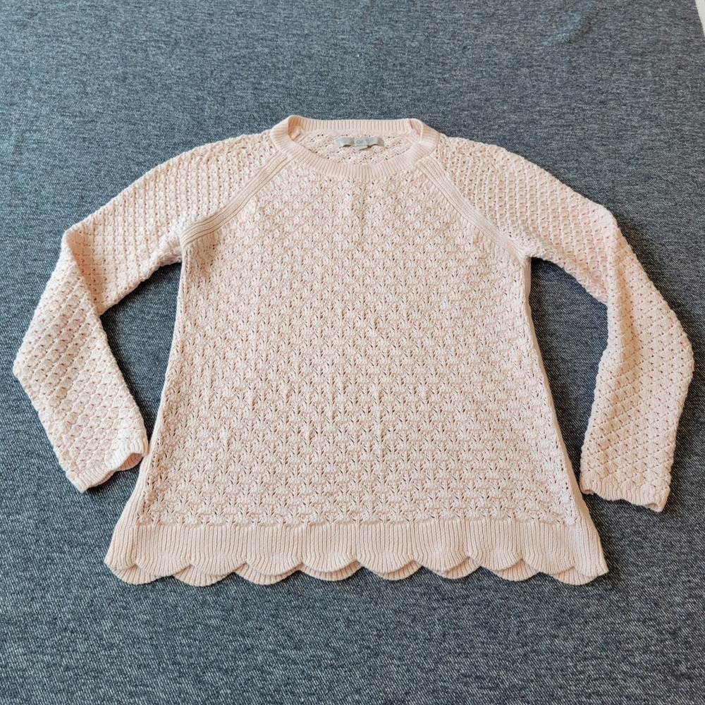 Loft Womens Pink Pointelle Knit Scalloped Hem Raglan Sweater Size M